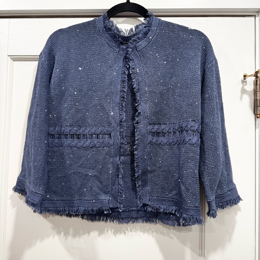 Luisa Cerano Blue Sequin Cardigan Old Money Quiet Luxury Formal Easter‎ Spring